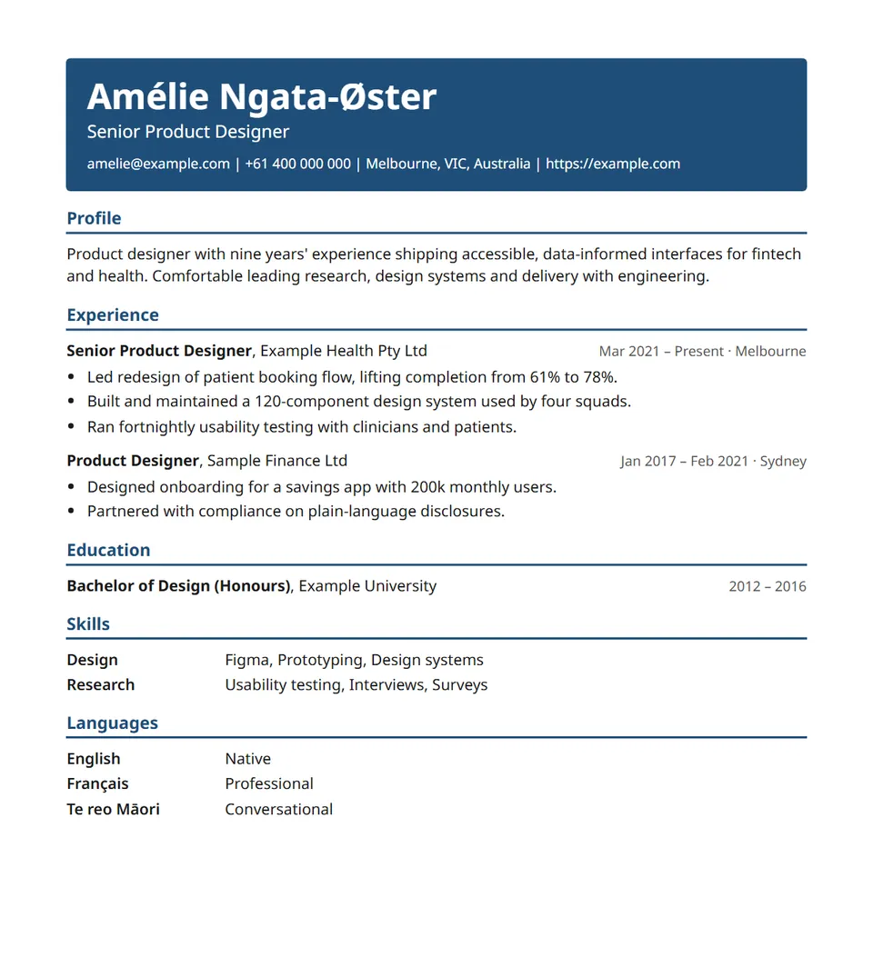 The Banner resume template filled in with an example resume.