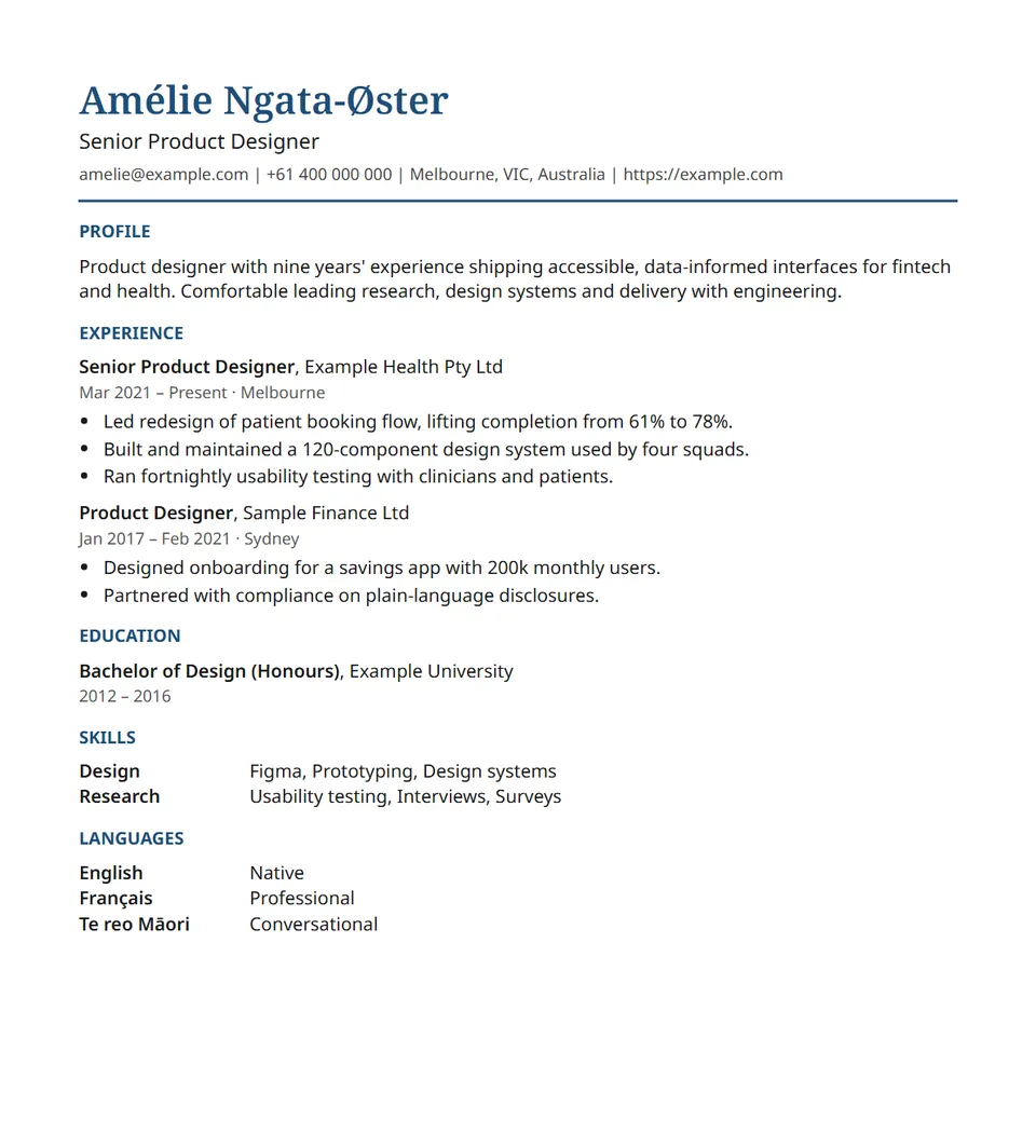 The Classic resume template filled in with an example resume.