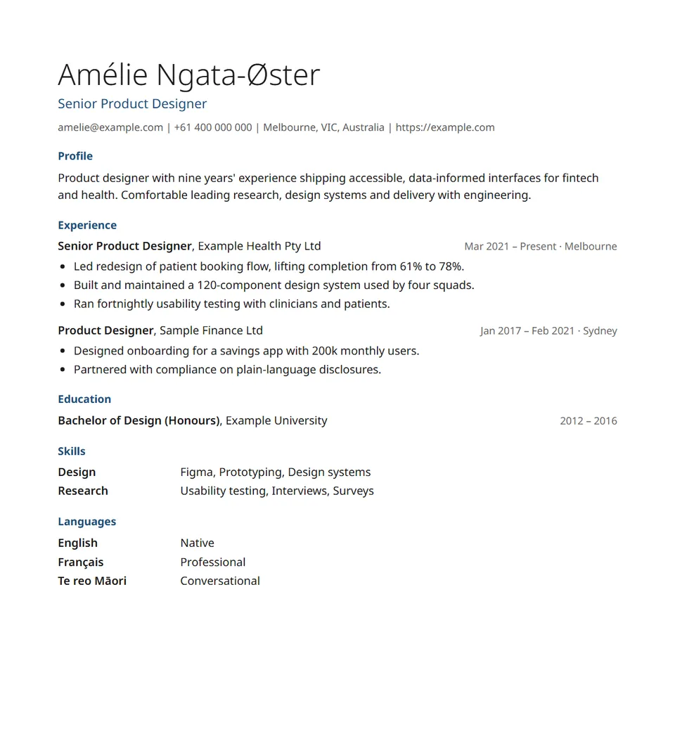 The Clean resume template filled in with an example resume.
