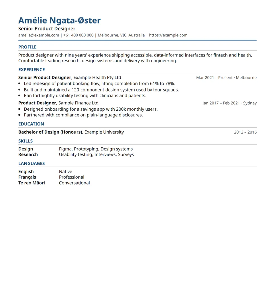 The Compact resume template filled in with an example resume.