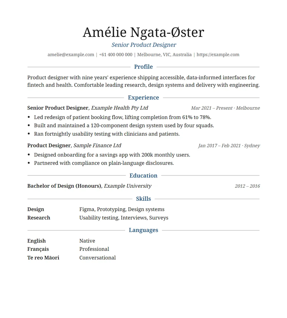 The Elegant resume template filled in with an example resume.