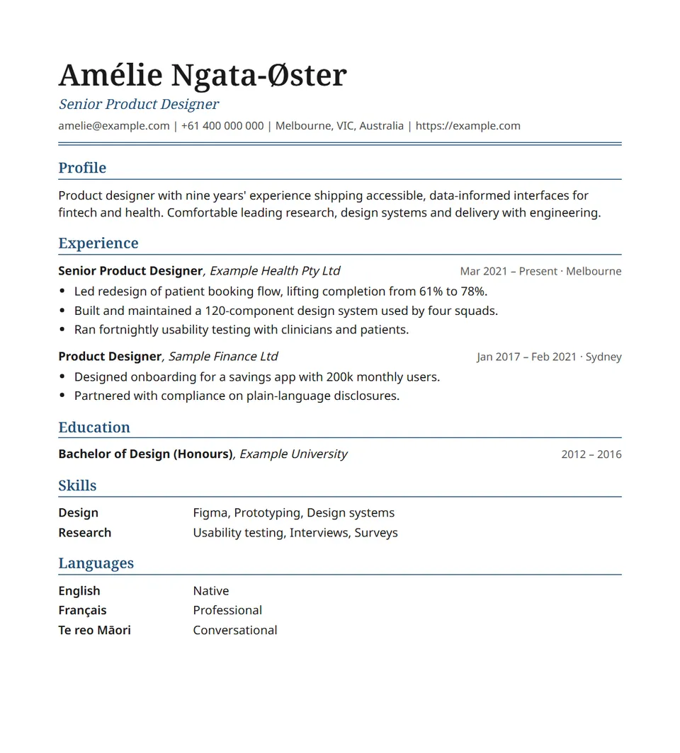 The Executive resume template filled in with an example resume.