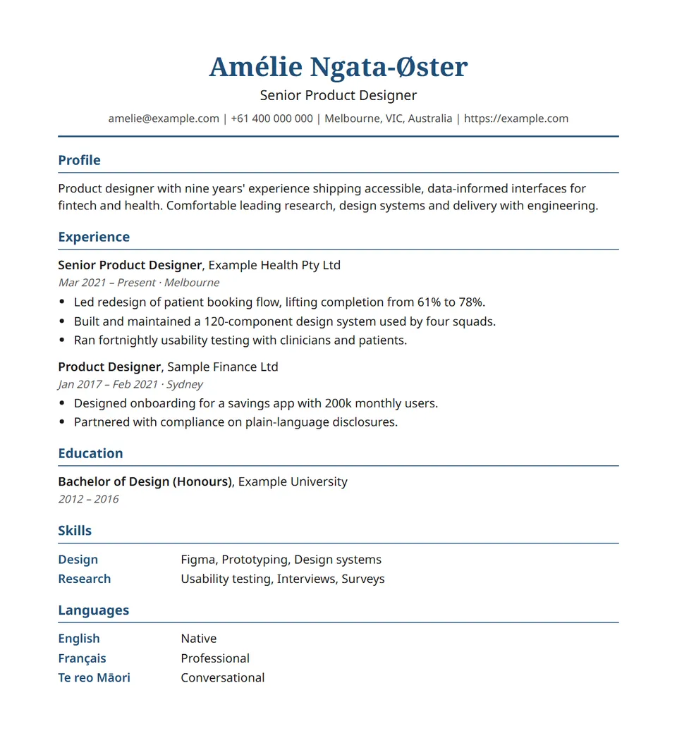 The Graduate resume template filled in with an example resume.