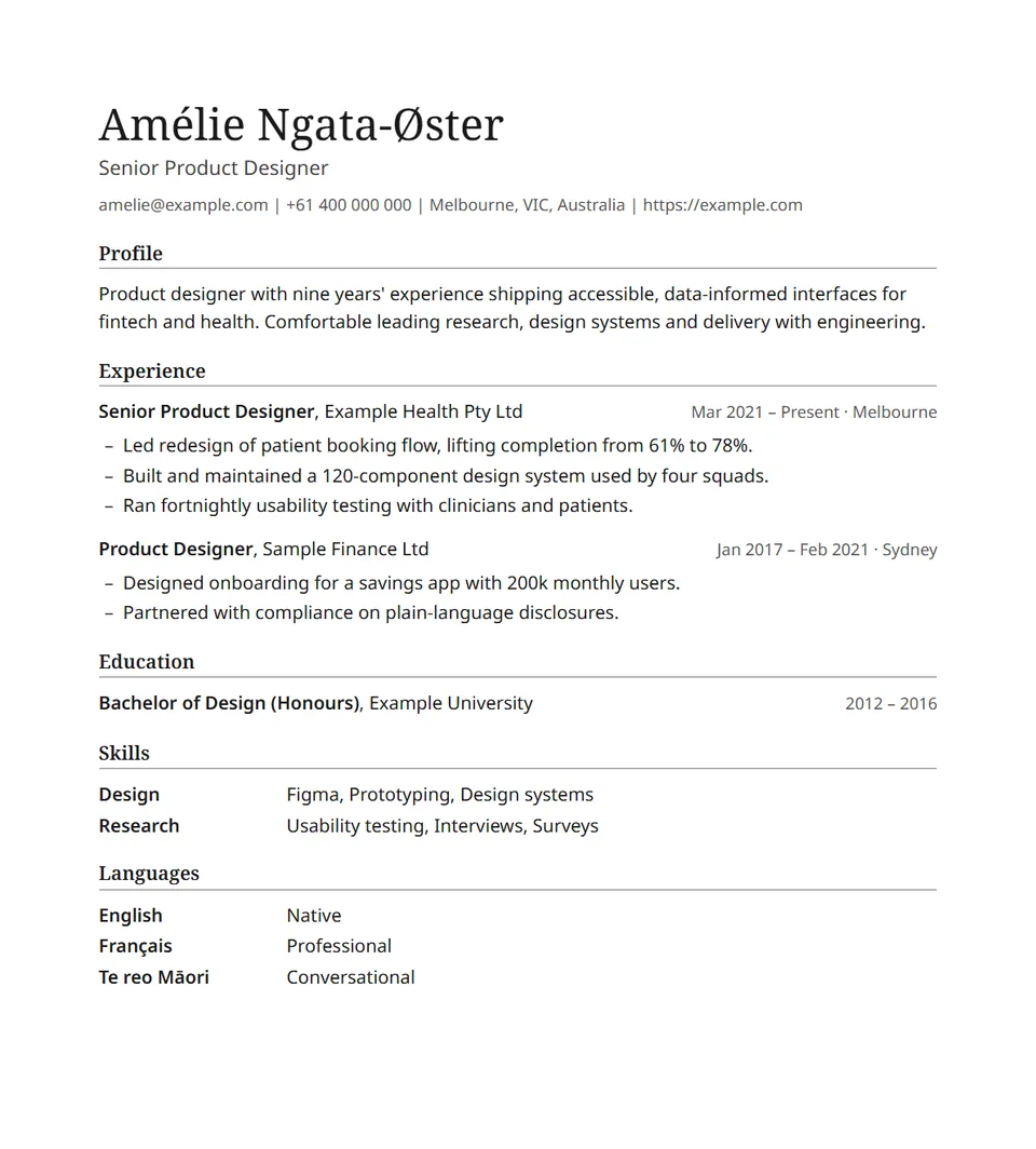 The Minimal resume template filled in with an example resume.