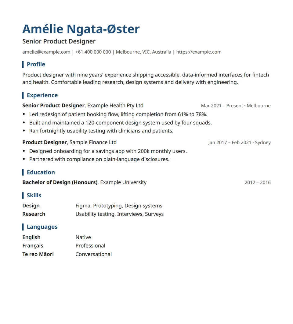 The Modern resume template filled in with an example resume.