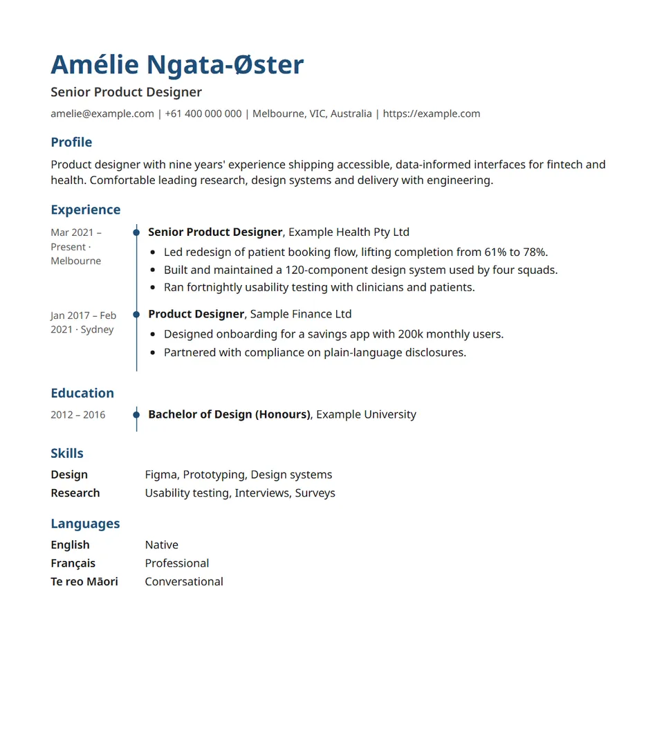 The Timeline resume template filled in with an example resume.